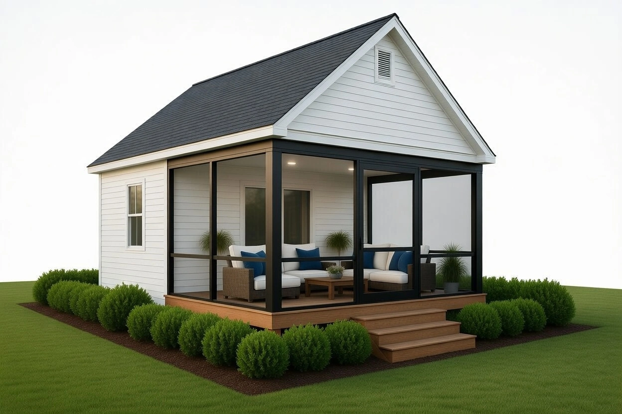 Accessory dwelling unit cottage with integrated screened porch addition in Upstate South Carolina