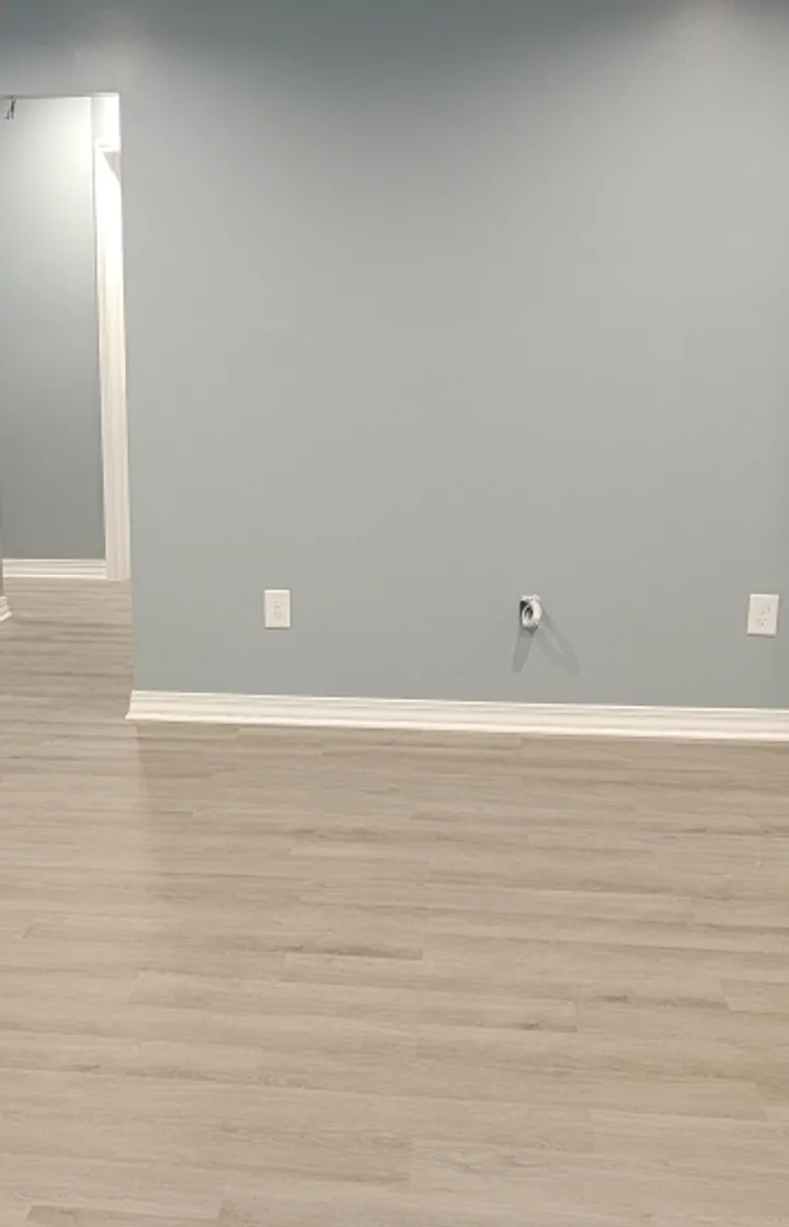Finished basement hallway with gray-blue walls, white trim and wide-plank vinyl flooring