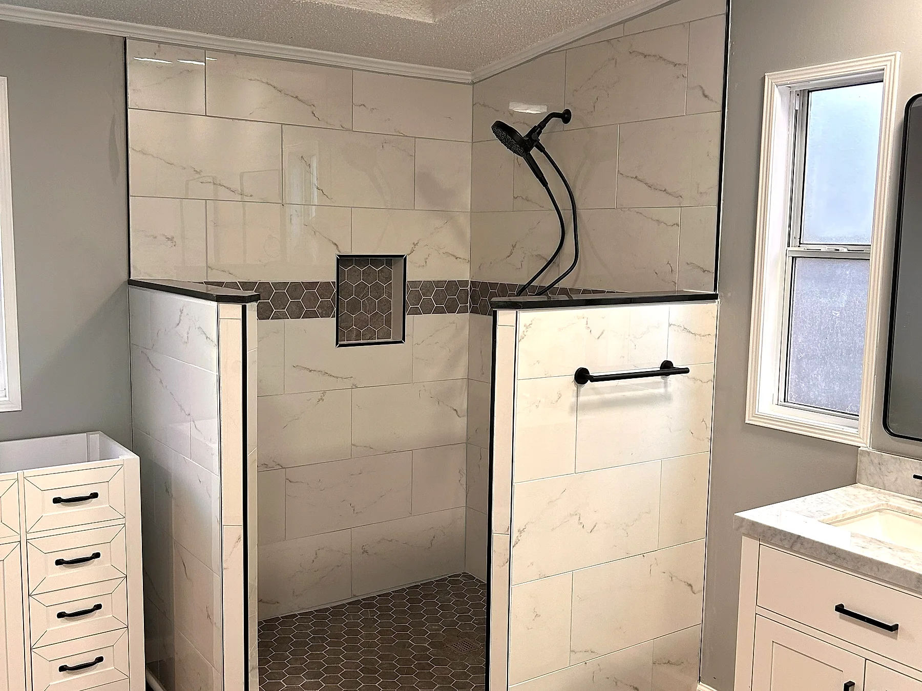 Tub-to-shower conversion bathroom remodel with custom tile surround in Woodruff South Carolina
