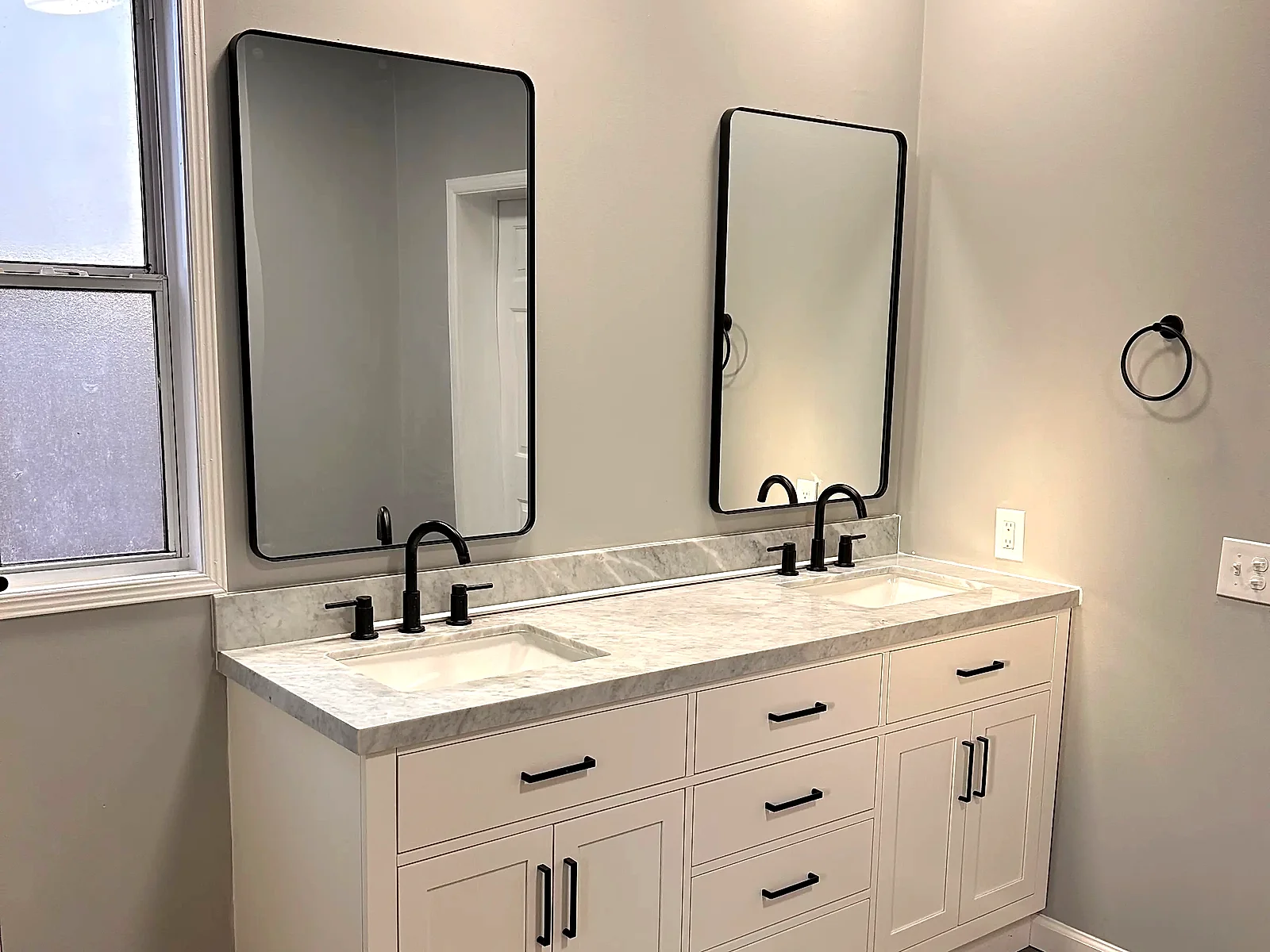 Accessible walk-in shower with glass door and tile walls bathroom renovation in Woodruff South Carolina