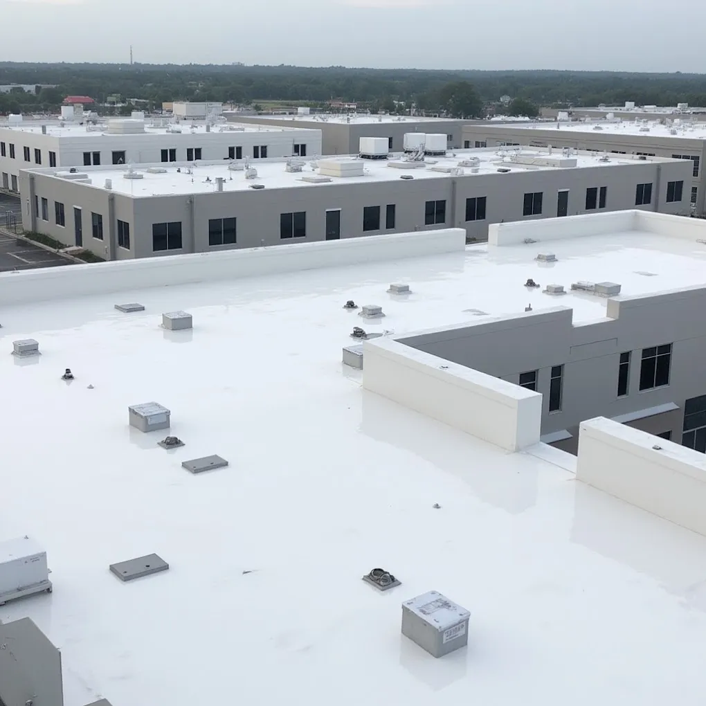 White TPO commercial roof membrane on a flat roof building in Upstate South Carolina