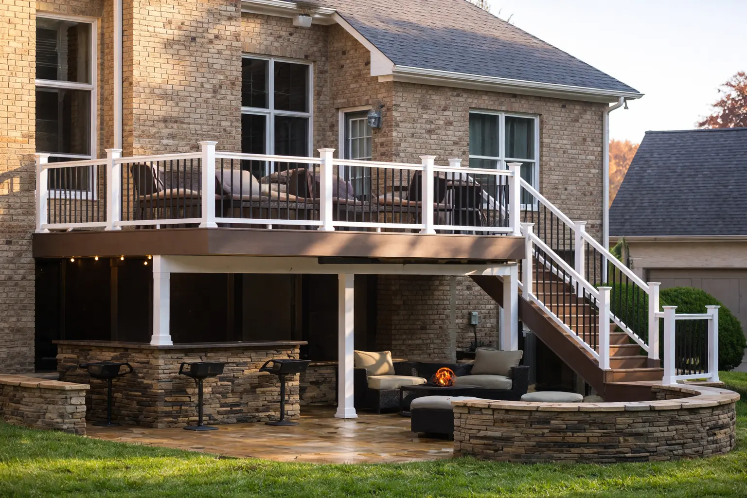 Custom multi-level composite deck construction with outdoor bar and built-in seating in Greenville SC by Burch Contracting
