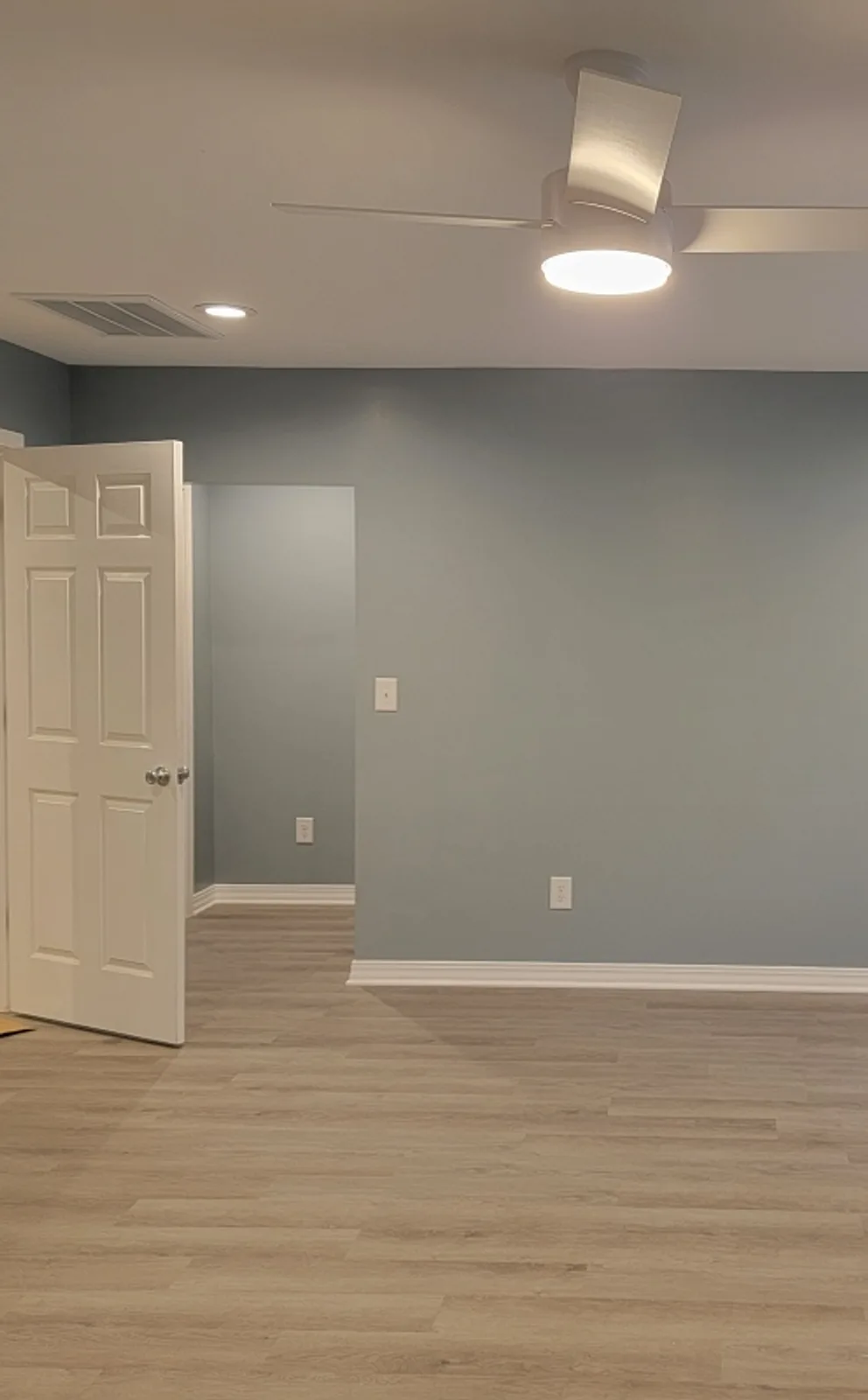 Finished room addition interior with a six-panel door, ceiling fan and wide-plank vinyl flooring