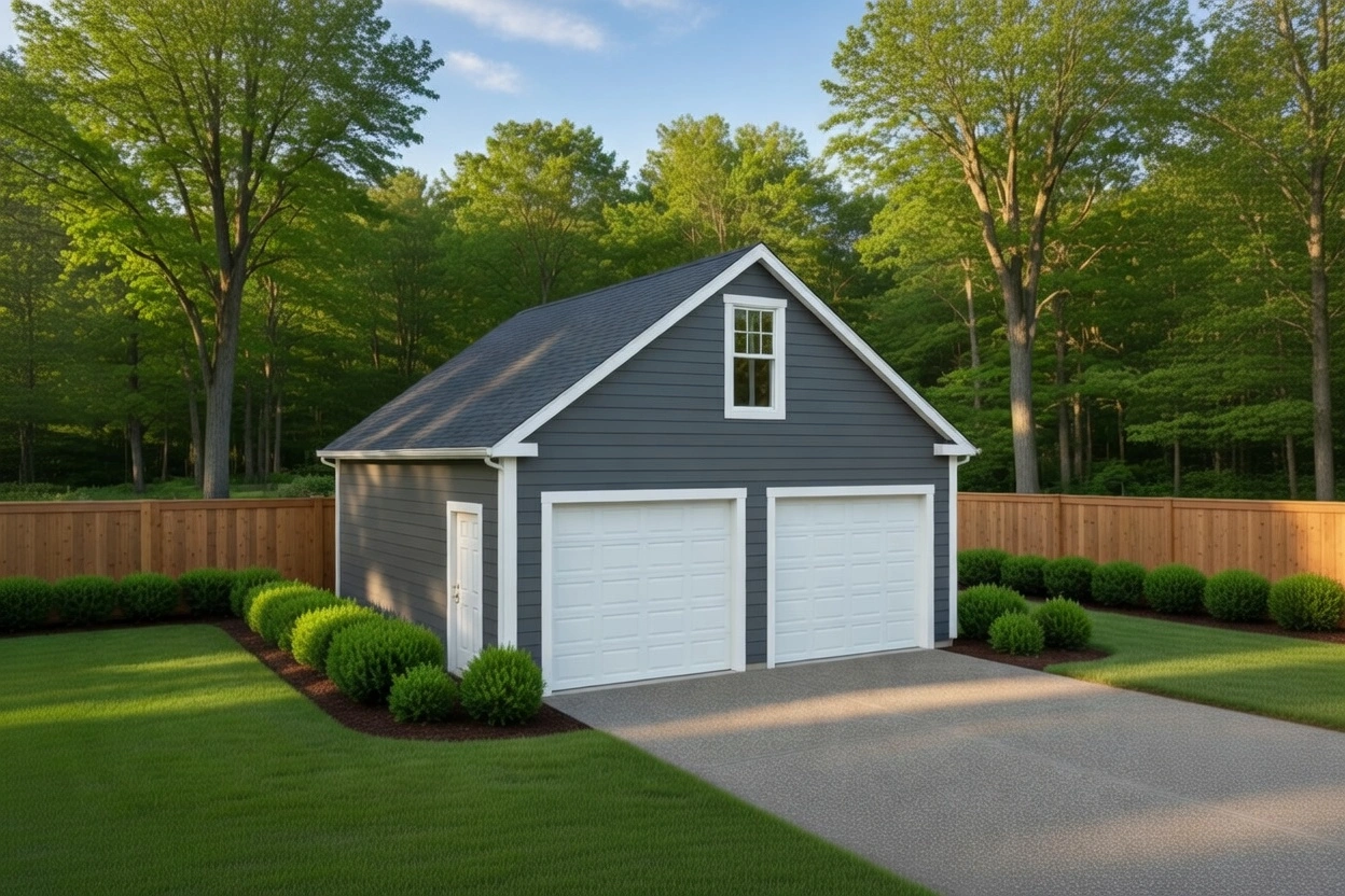 Detached two-car garage construction with overhead doors in Simpsonville South Carolina