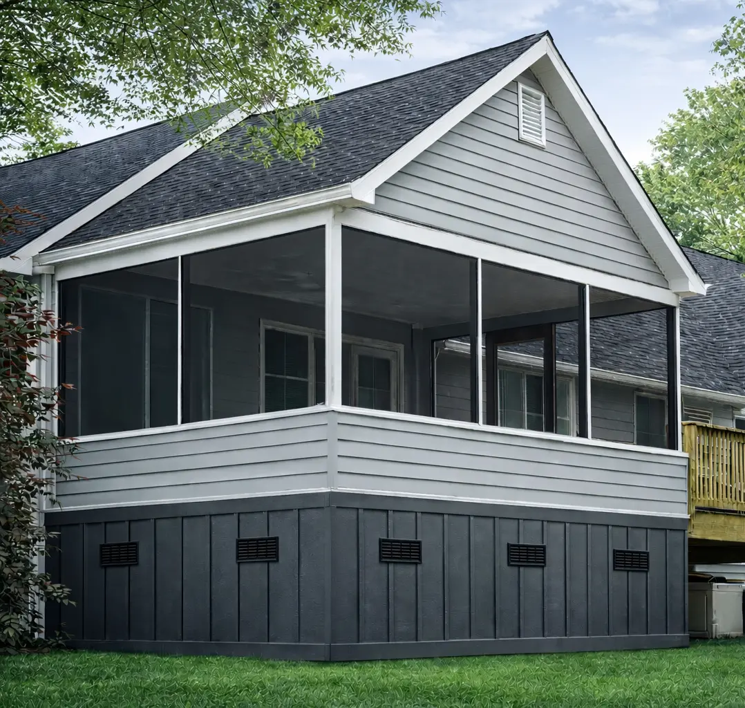 New screened porch addition with matching roofline and trim details in Fountain Inn South Carolina