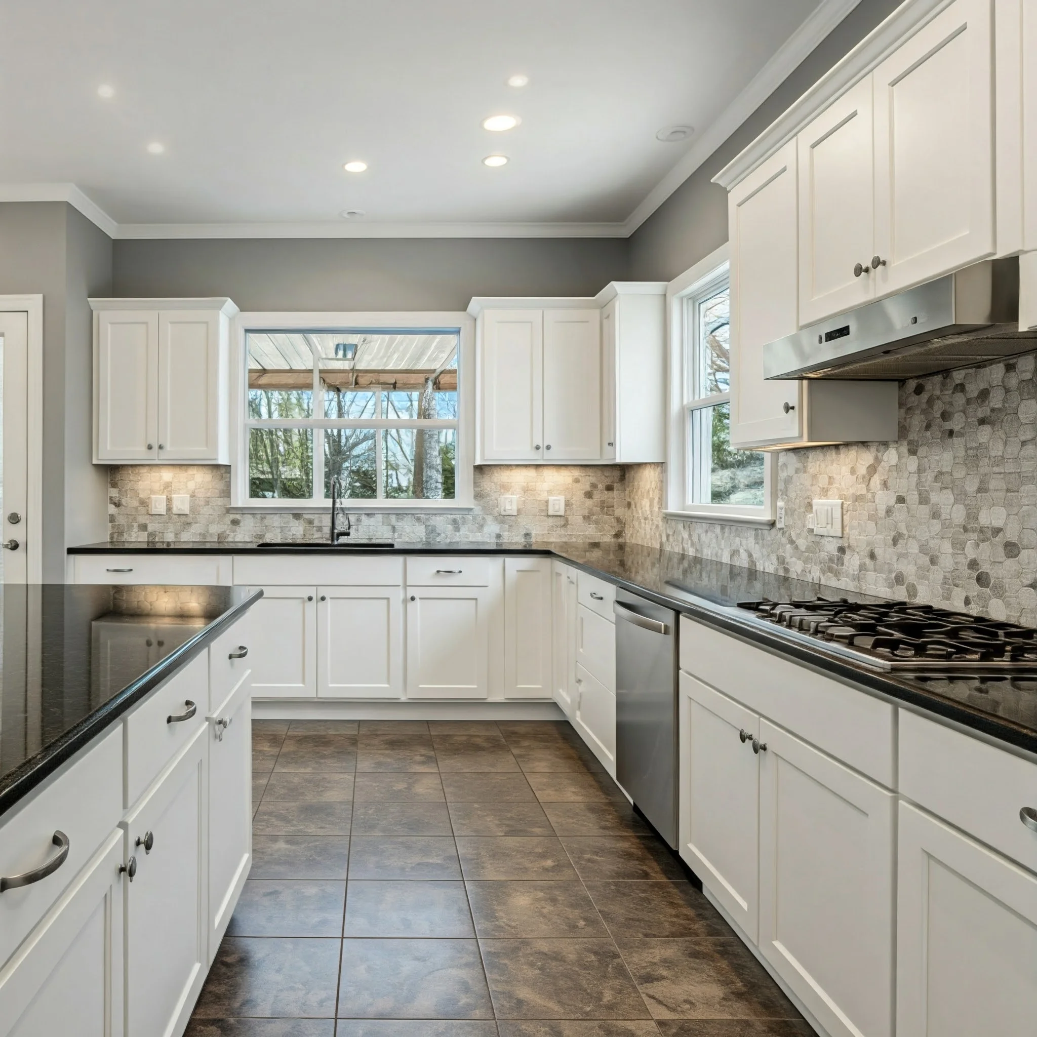 Modern kitchen with white cabinets granite counter tops and mosaic tile backsplash