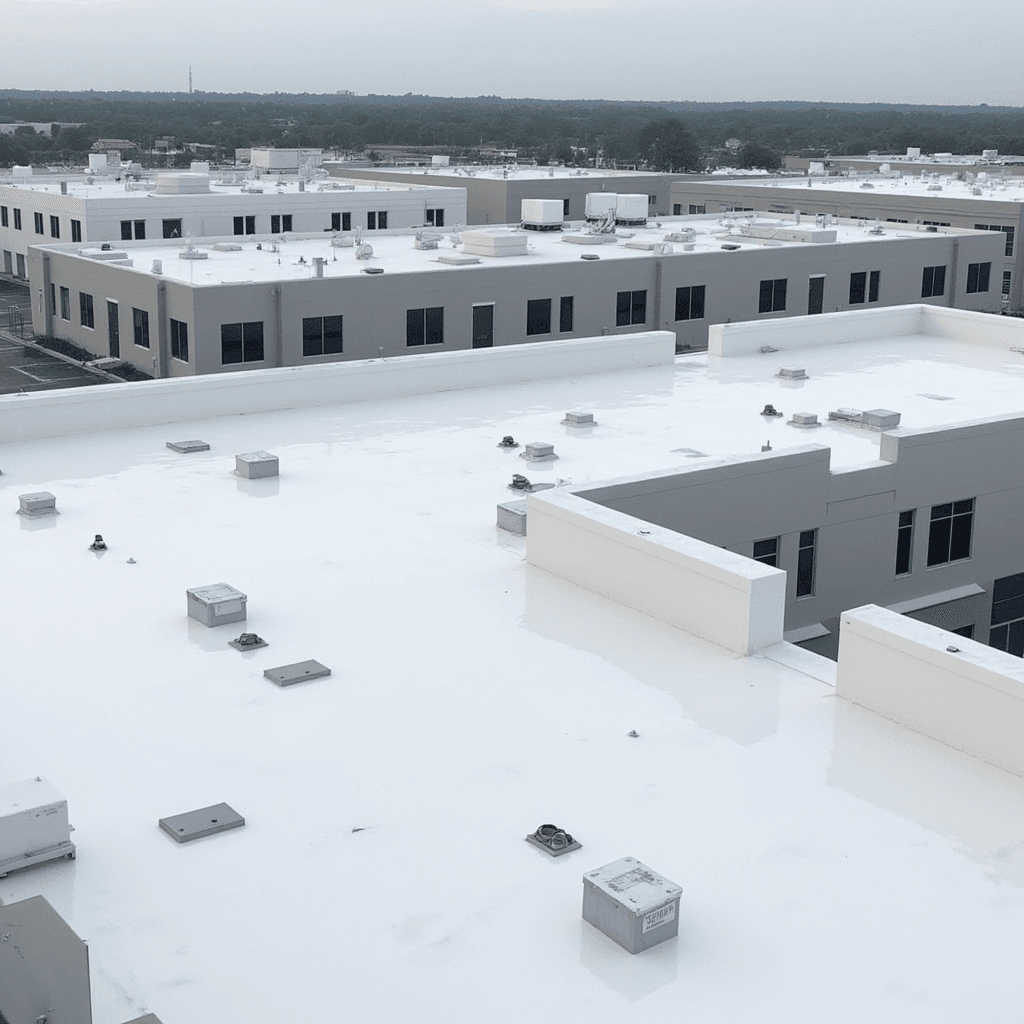 Image of a white TPO roof on a commercial building